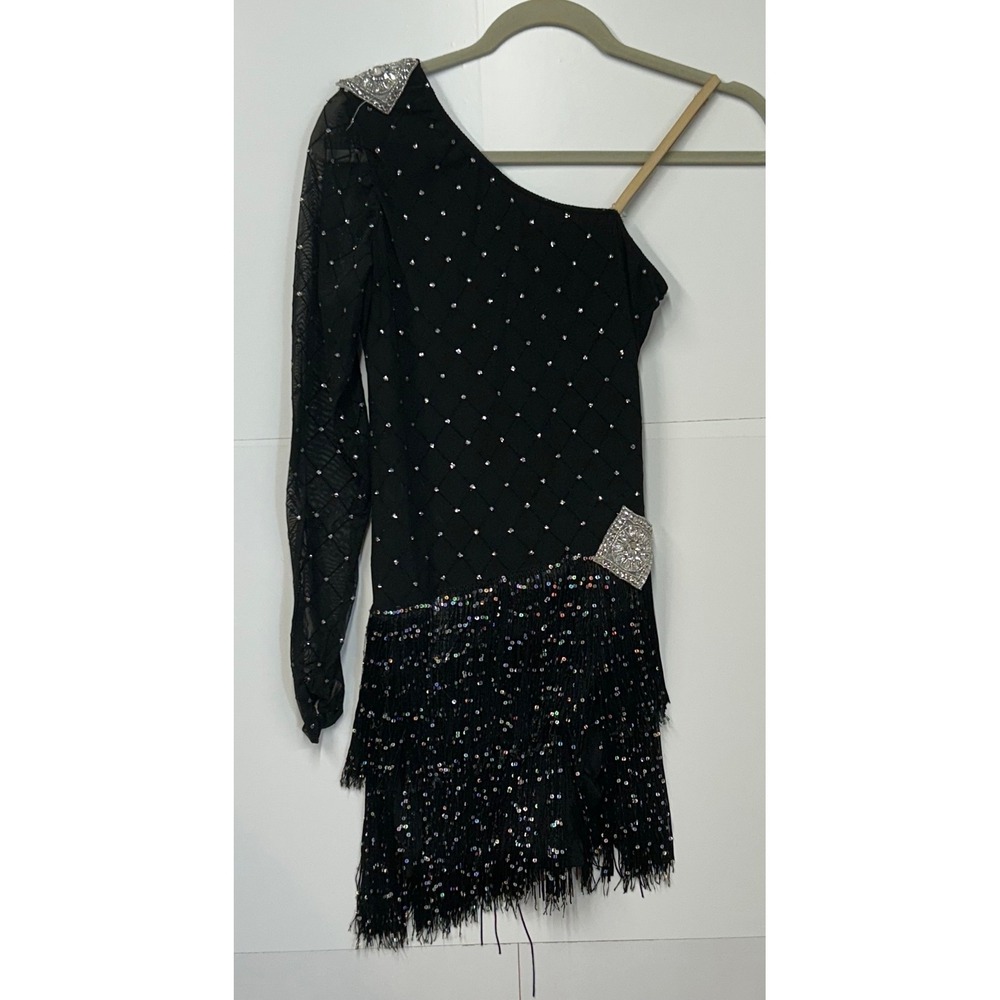 Revolution Dancewear Black One Shoulder Fringe Sequin Dance Costume RC17029 LA